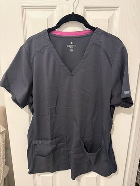 Med Couture Charcoal Scrub Top with Pink Neck Trim